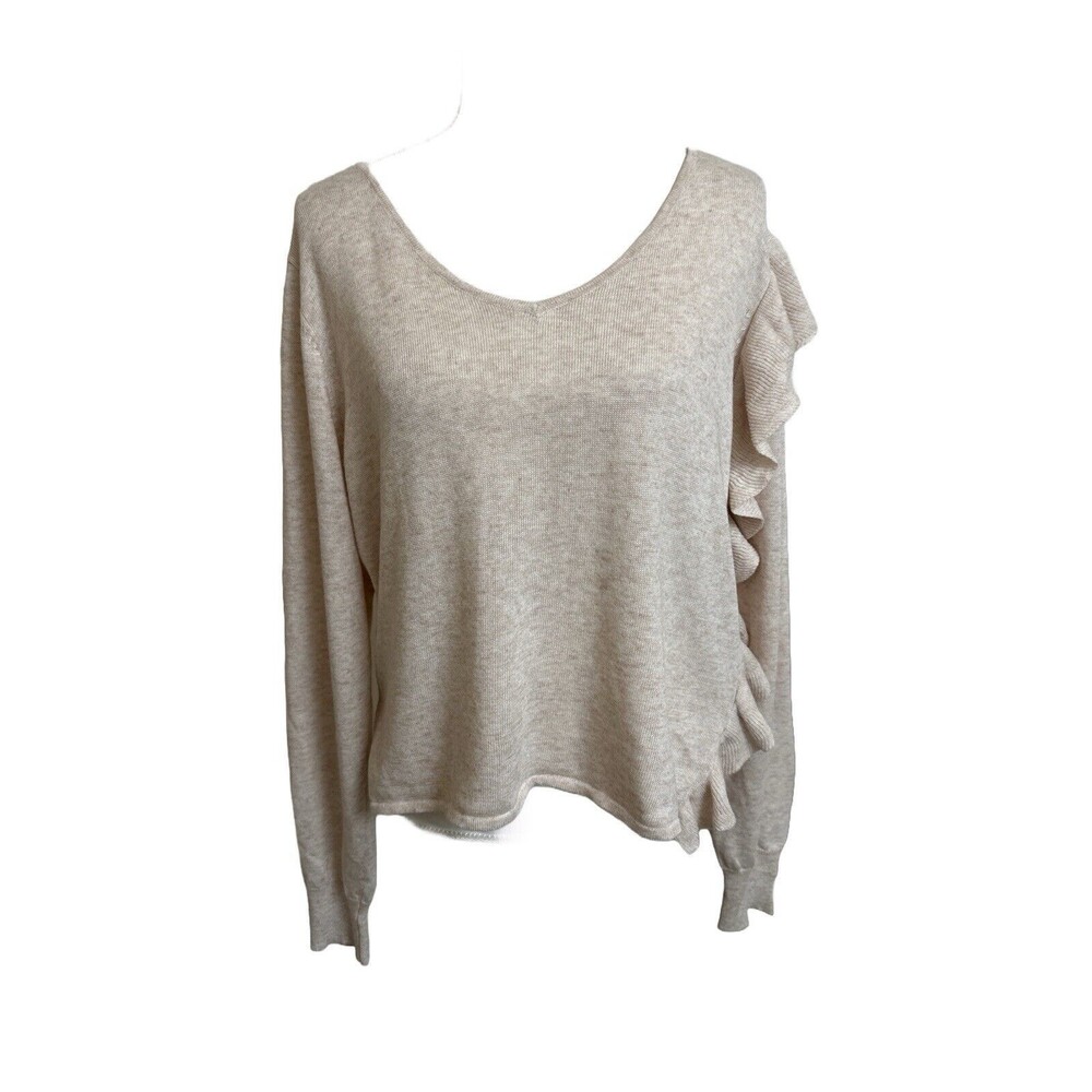 NWT Anthropologie John + Jenn Women's M Side Ruffle Ivory Birch V-Neck Sweater